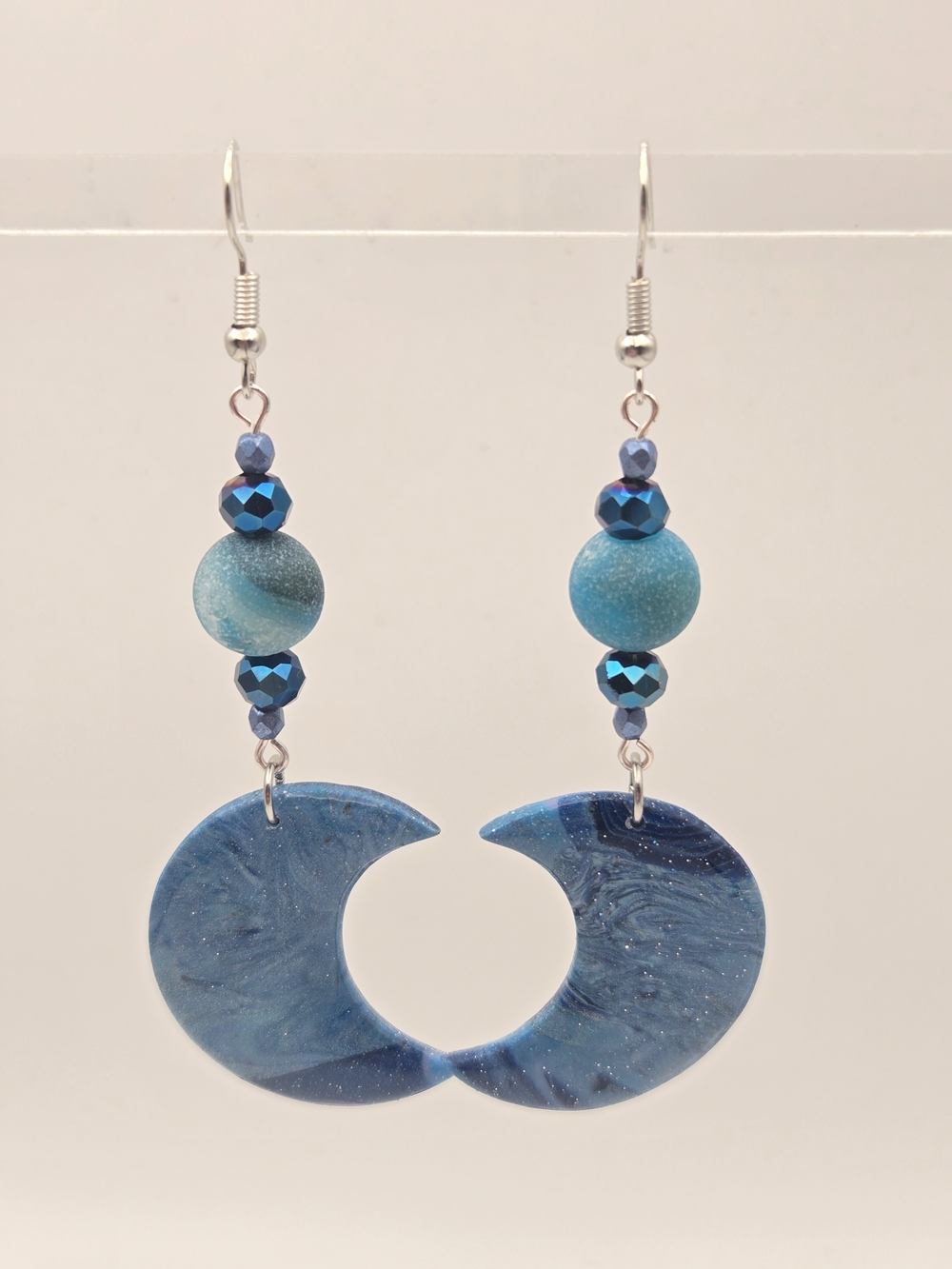 #B503- Handmade Blue Crescent Moon Drop Earrings With Agate Beads